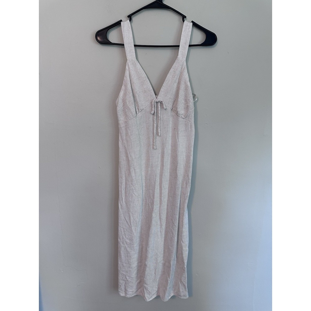 Monteau LA Linen Blend Sun Dress SMALL Oatmeal Tie Front Sleeveless Summer